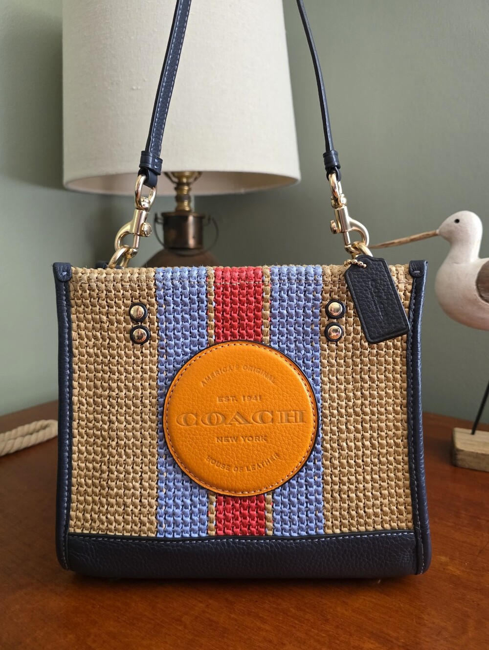 Coach CA291 Dempsey 22 Coach Patch Straw Navy Leather Crossbody Tote - Picture 16 of 16